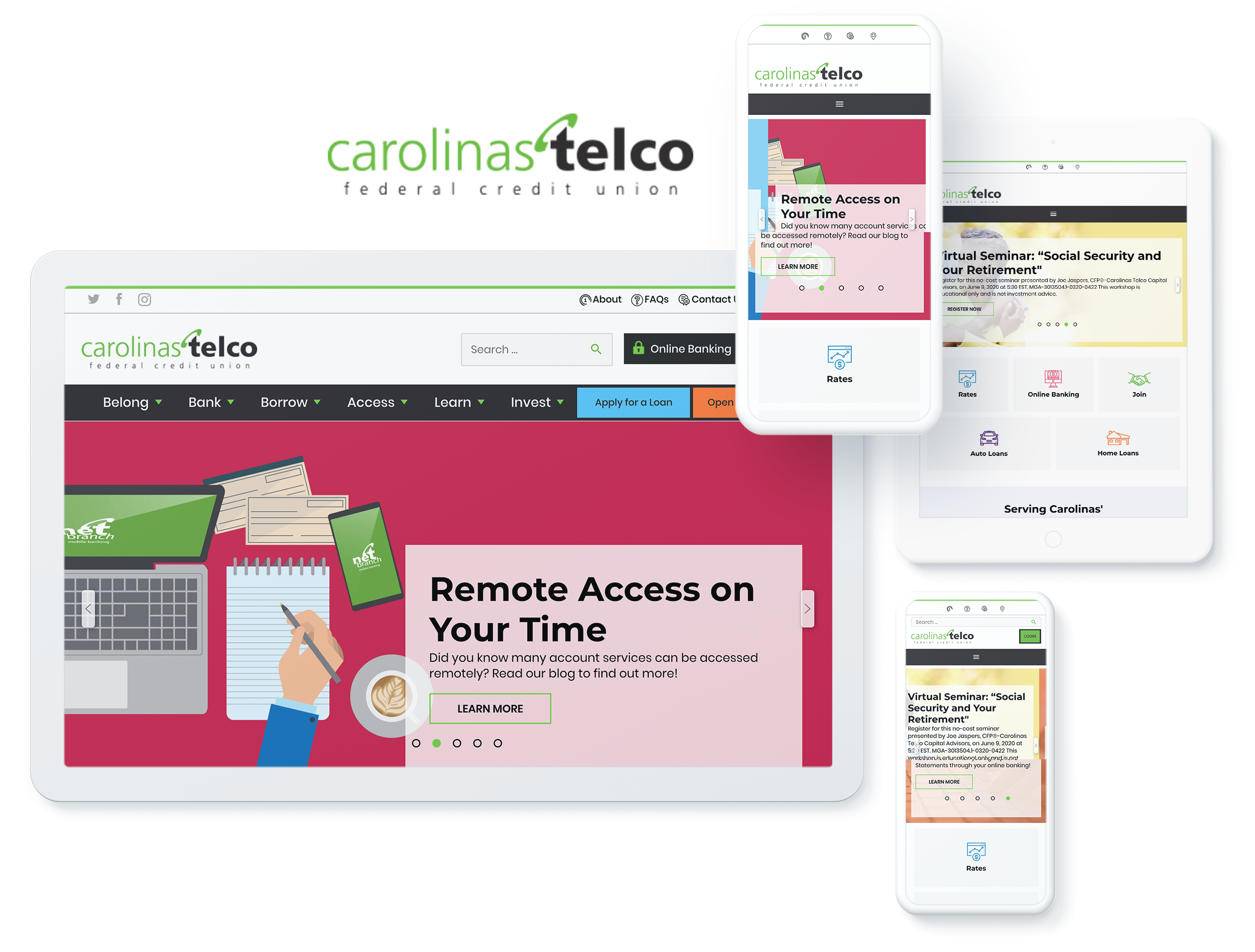Carolinas Telco Federal Credit Union WordPress financial services website across different device screens 