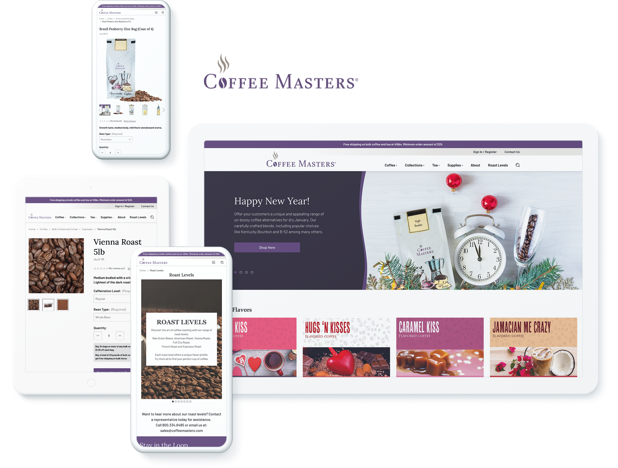 Electronic devices displaying the Coffee Masters website with various coffee products, a holiday greeting, and flavor selections.
