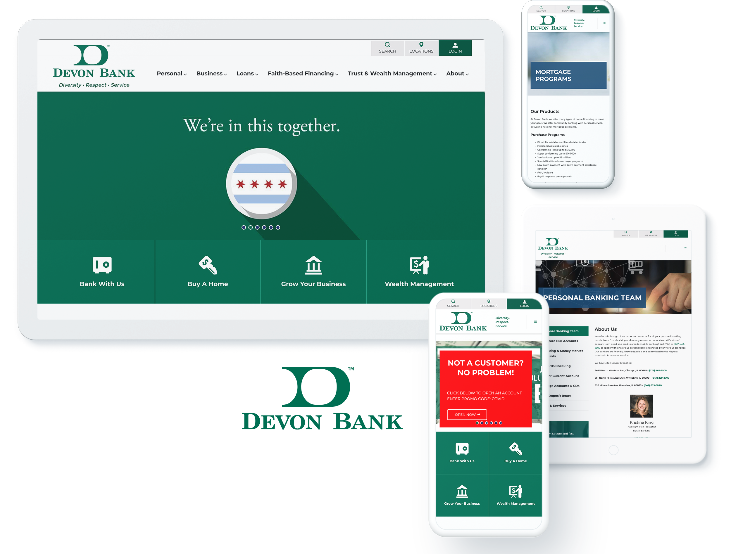 Devon Bank WordPress financial services website on different devices 