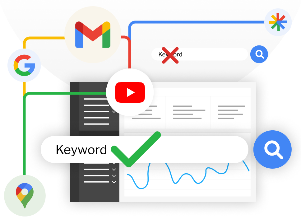 A graphic showing Google's advertising services icons linked to a central image of a search bar, highlighting keyword optimization strategies.
