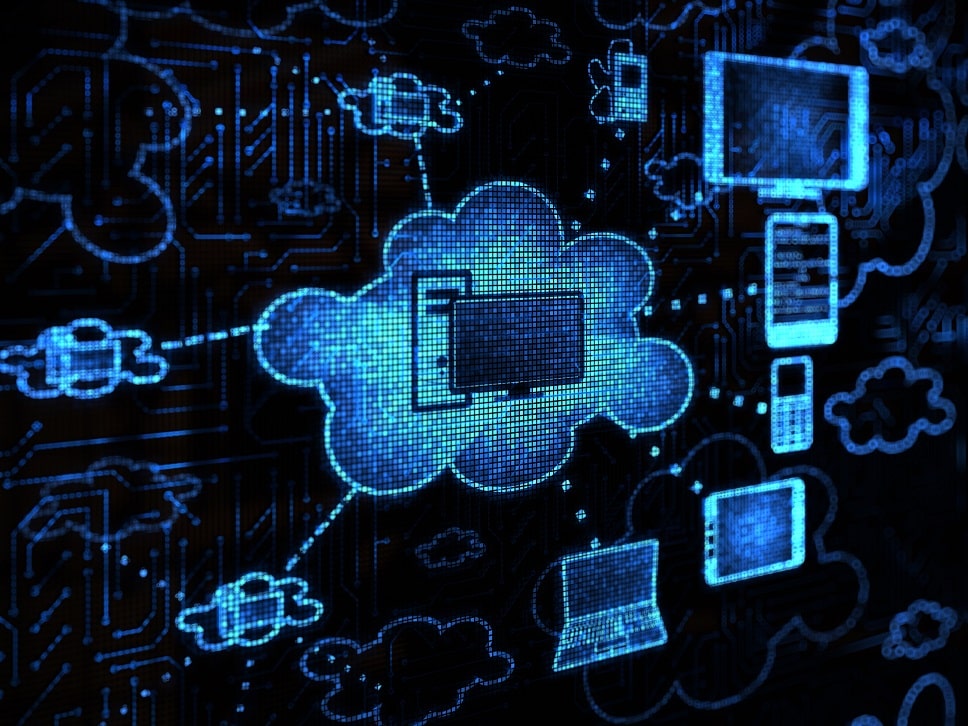 Blue cloud with various connected devices representing cloud hosting