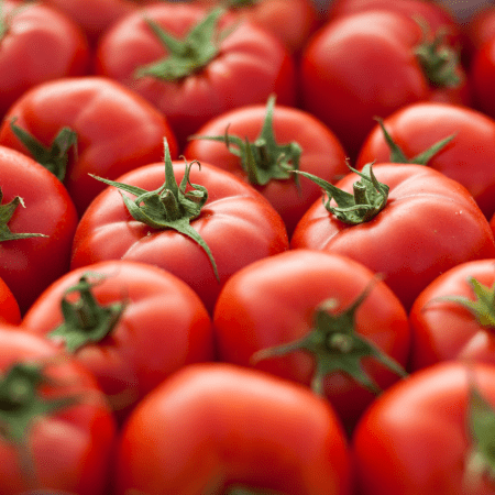 Close-up of ripe red tomatoes with fresh green stems, arranged neatly and filling the frame.