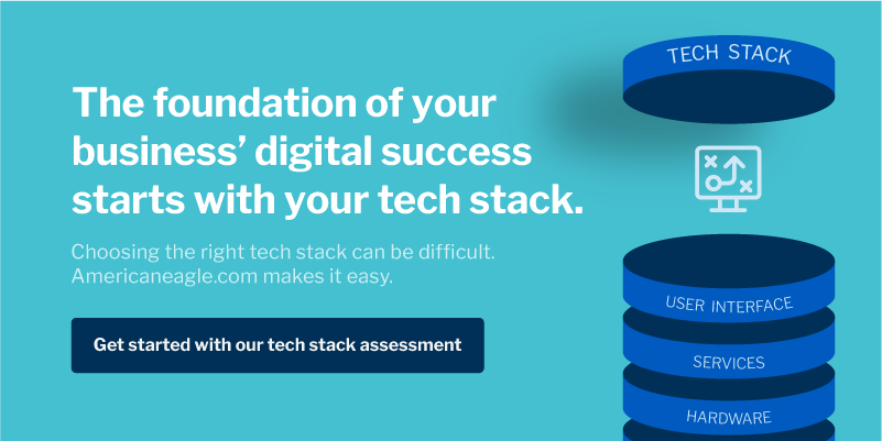 Advertisement for a tech stack assessment service, with emphasis on its importance for business digital success and a call to action.