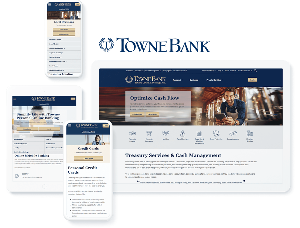 TowneBank's Kentico website on different screen sizes