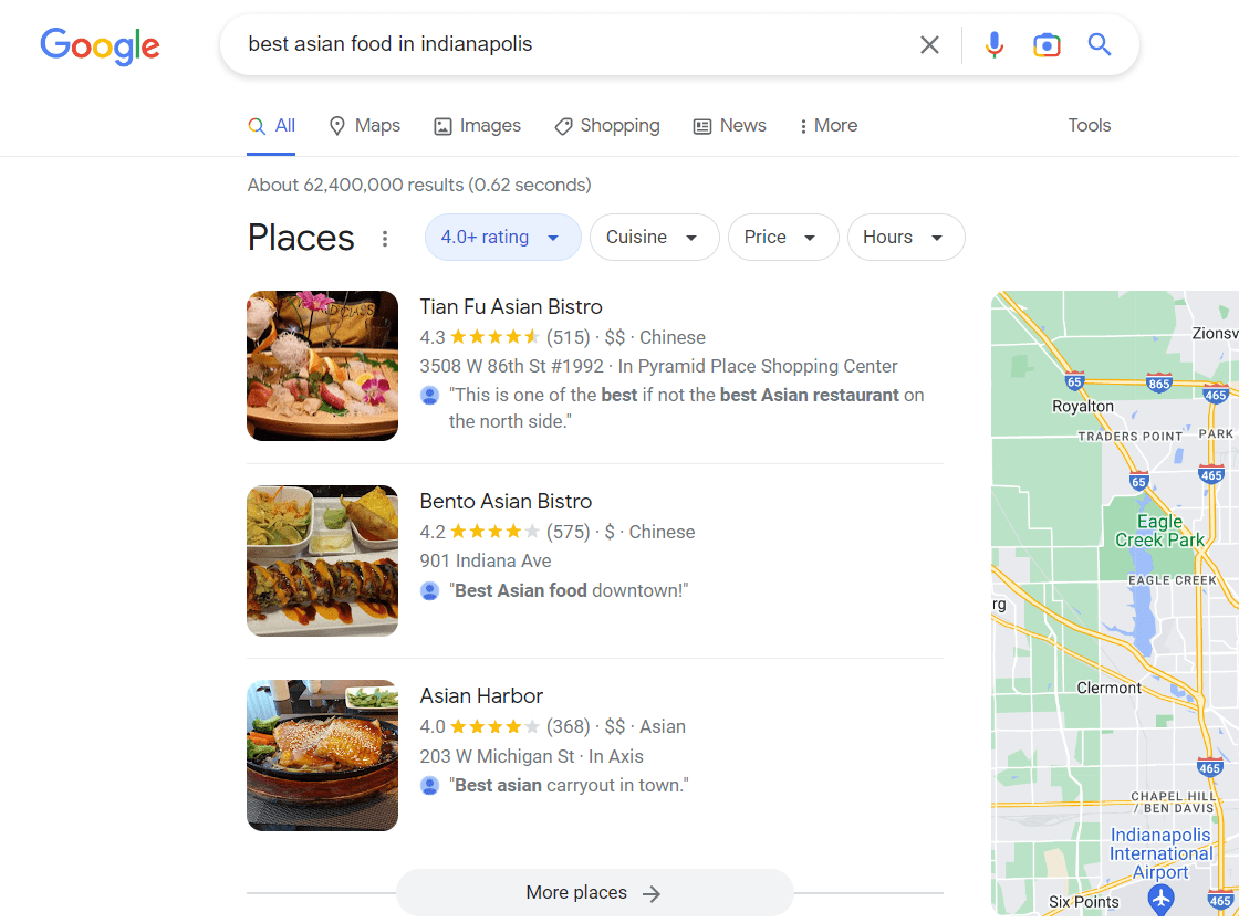 A Google local 3-pack example for search term best Asian food in Indianapolis