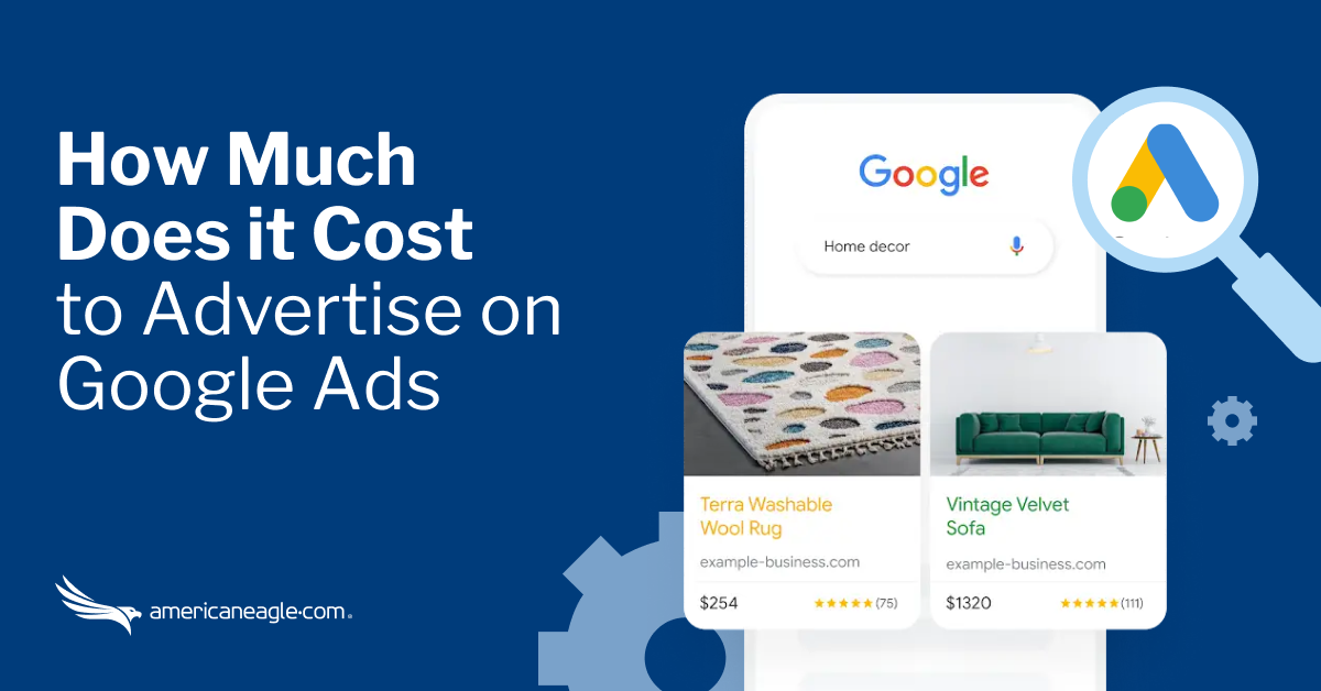 Infographic on Google Ads advertising costs featuring a search bar, magnifying glass icon, and example product ads for home decor.