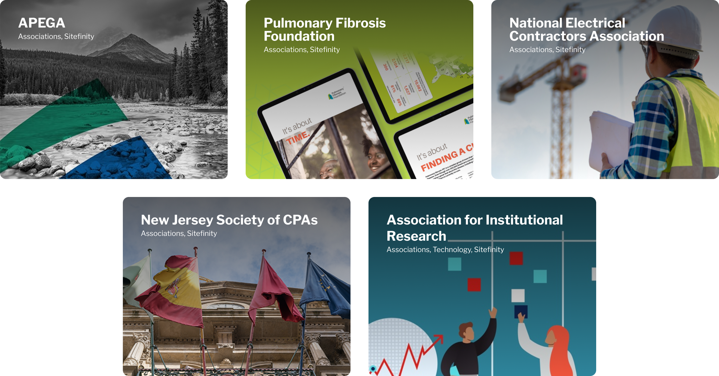 Montage of various association websites designed with Sitefinity, featuring APEGA, Pulmonary Fibrosis Foundation, National Electrical Contractors, NJ Society of CPAs, and Association for Institutional Research