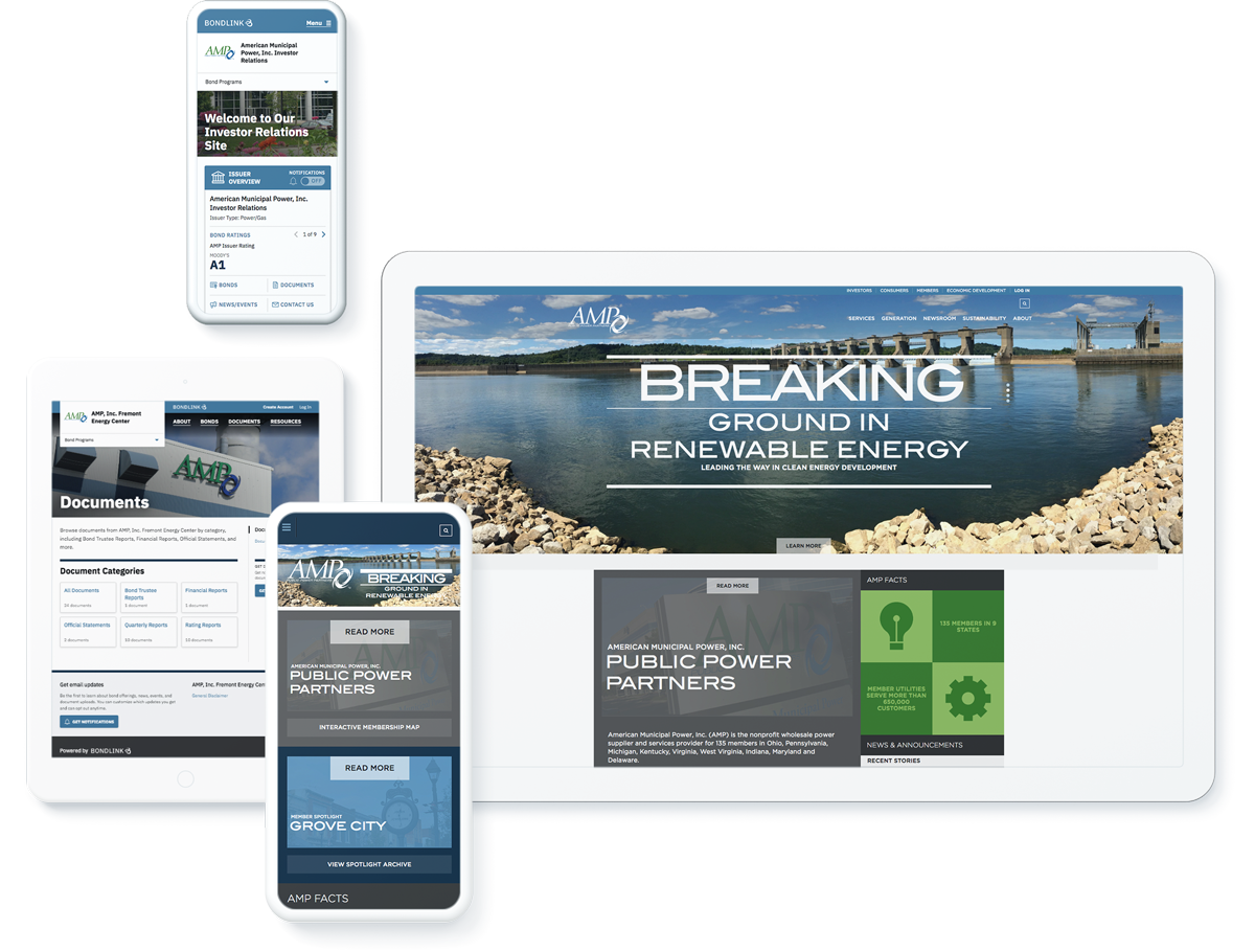 Overview of American Municipal Power's website interface displayed on different devices, focusing on renewable energy and investor relations.