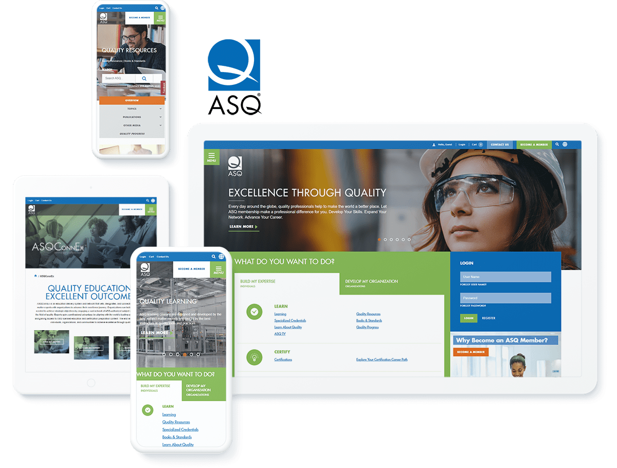 Display of ASQ's website on various devices, emphasizing their commitment to quality education and resources for professionals.