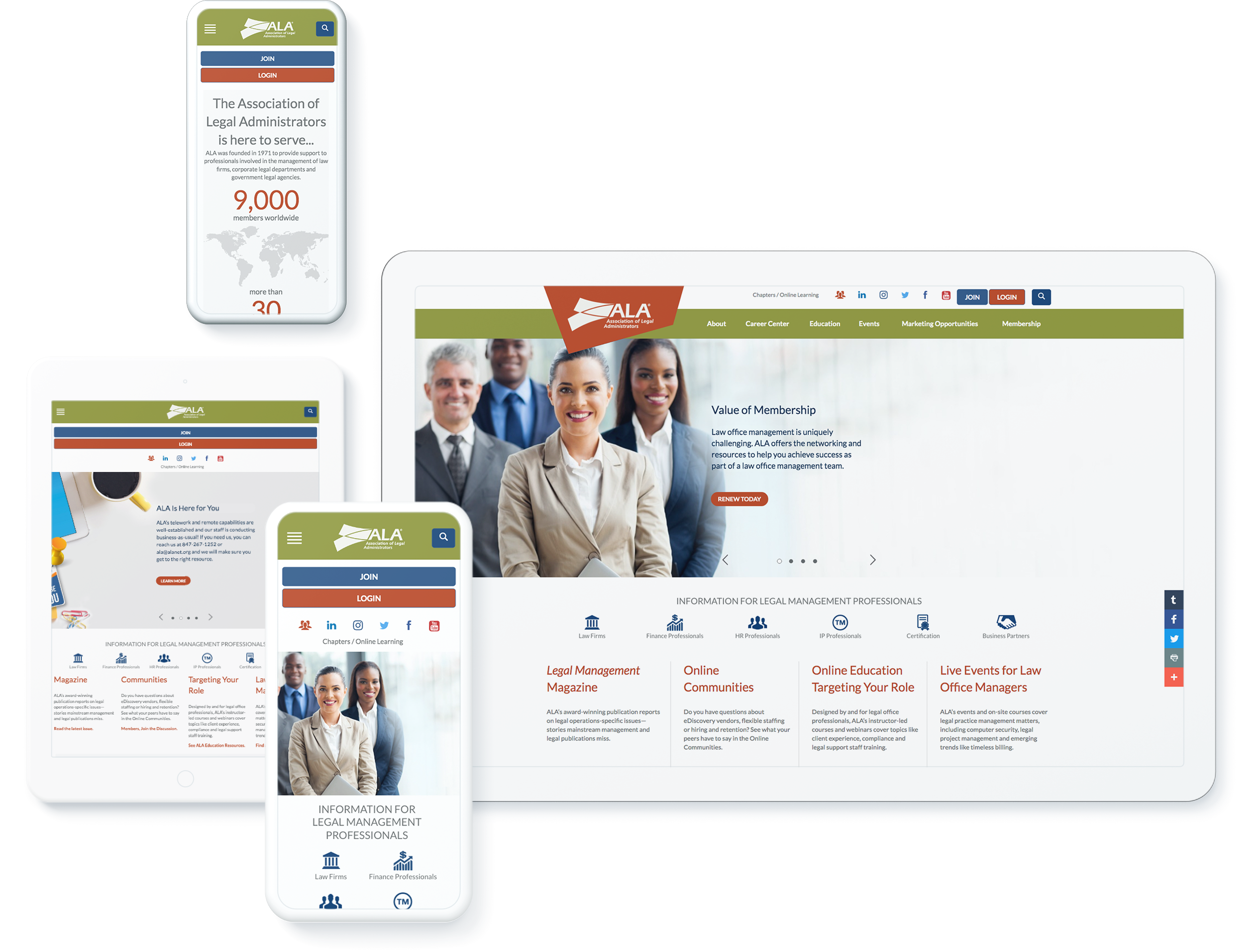 Display of the Association of Legal Administrators' website across different devices highlighting membership benefits and resources for legal management professionals.