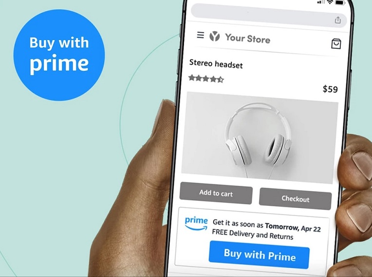 Person holding a smartphone displaying 'Your Store' with a stereo headset for $59 and a 'Buy with Prime' option for fast delivery.