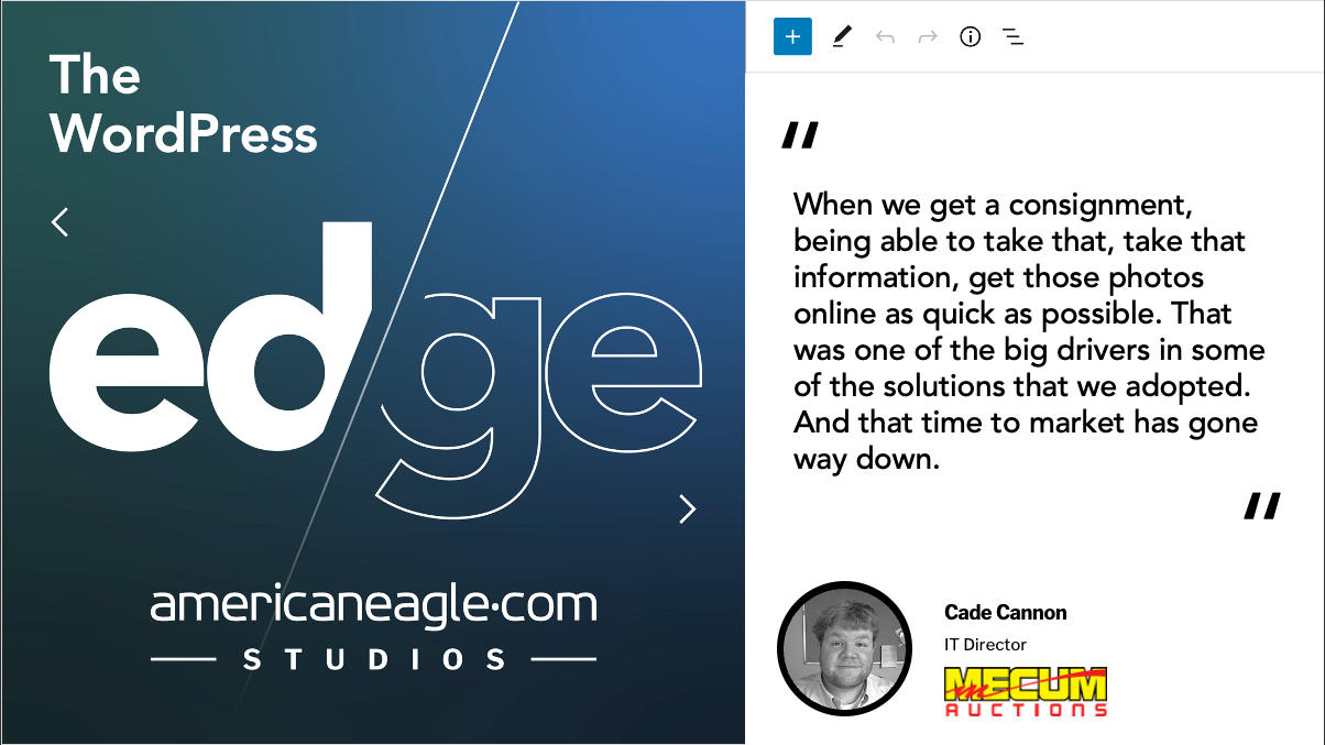 Promotional graphic for Americaneagle.com Studios featuring a quote by Cade Cannon, IT Director at Mecum Auctions, about efficient online photo publishing.