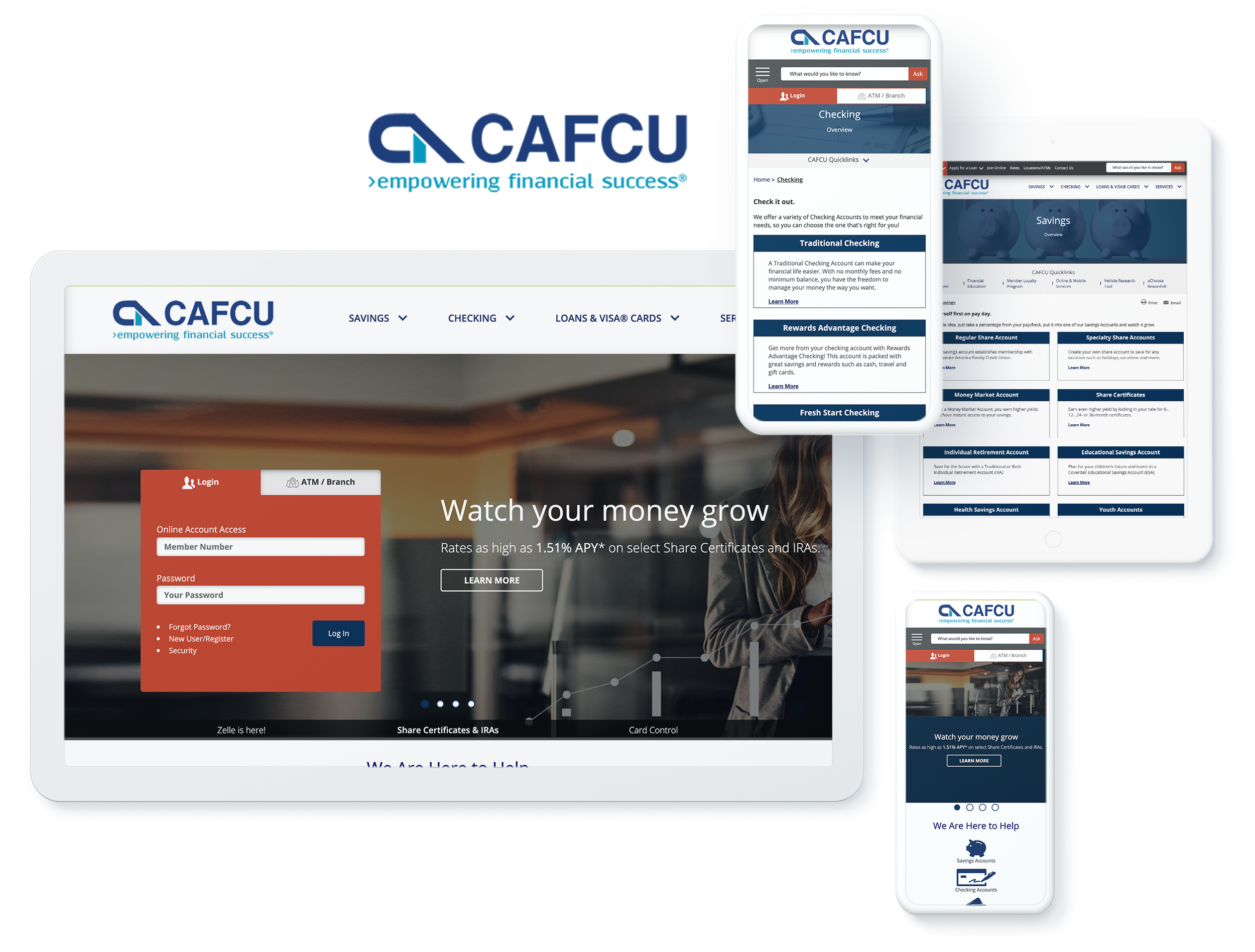 Cross-device view of CAFCU online banking portal featuring login and account options.