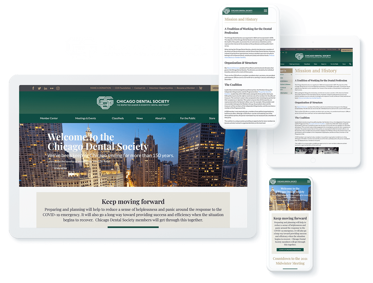 Chicago Dental Society's website on different screen sizes and devices 