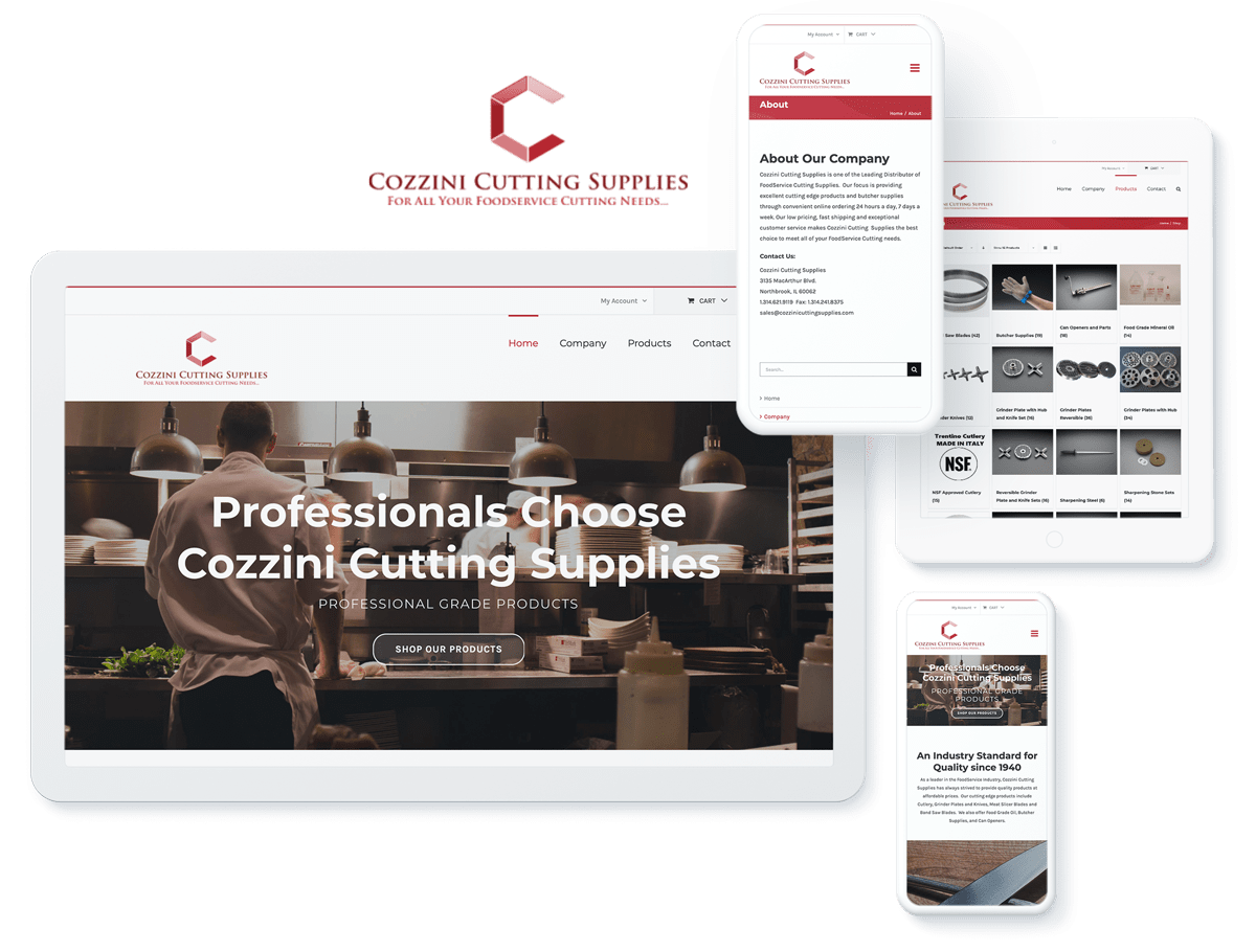 Cozzini Cutting Supplies website view on desktop and mobile, highlighting professional grade kitchen tools.