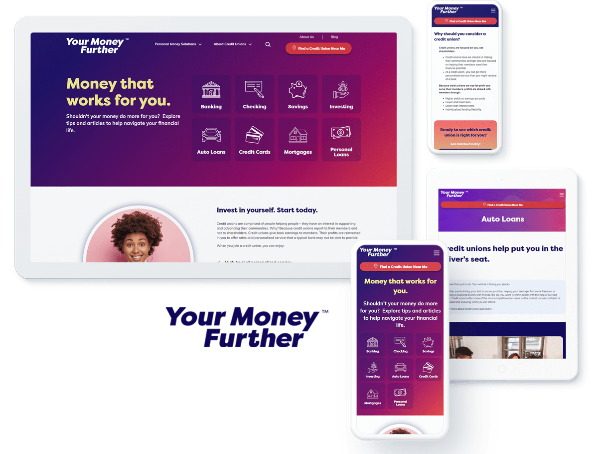 Responsive website design showcasing 'Your Money Further' financial services on various devices.