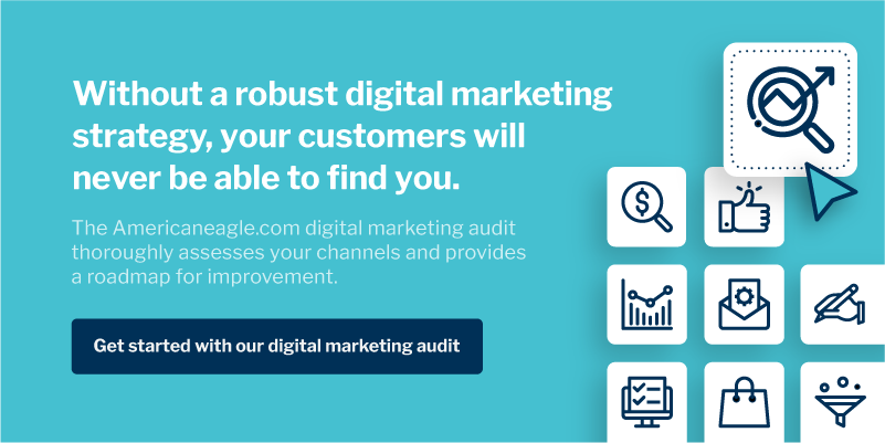  Promotional graphic for digital marketing audit service, highlighting the necessity of strategy for customer visibility, with a call-to-action button.