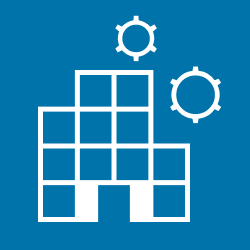 A graphic icon of a building with a grid pattern, flanked by two gear icons, against a solid blue background.