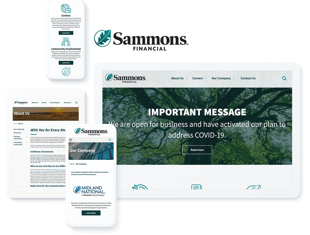 Sammons Financial Group's website across multiple devices with a COVID-19 update banner.