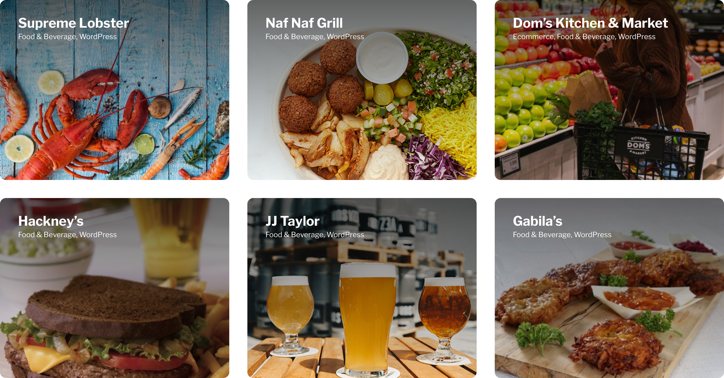 Collage of six food businesses: Supreme Lobster seafood spread, Naf Naf Grill's Middle Eastern feast, Dom's Kitchen market scene, Hackney's sandwich with fries, JJ Taylor's craft beers, and Gabila's latkes