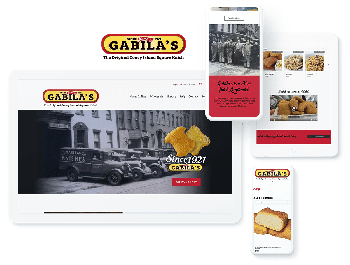 Gabila's Knishes website on various devices, featuring their history and online square knish shop.