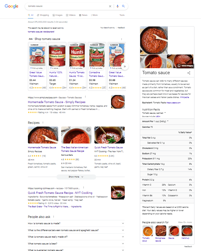 Google search results for tomato sauce