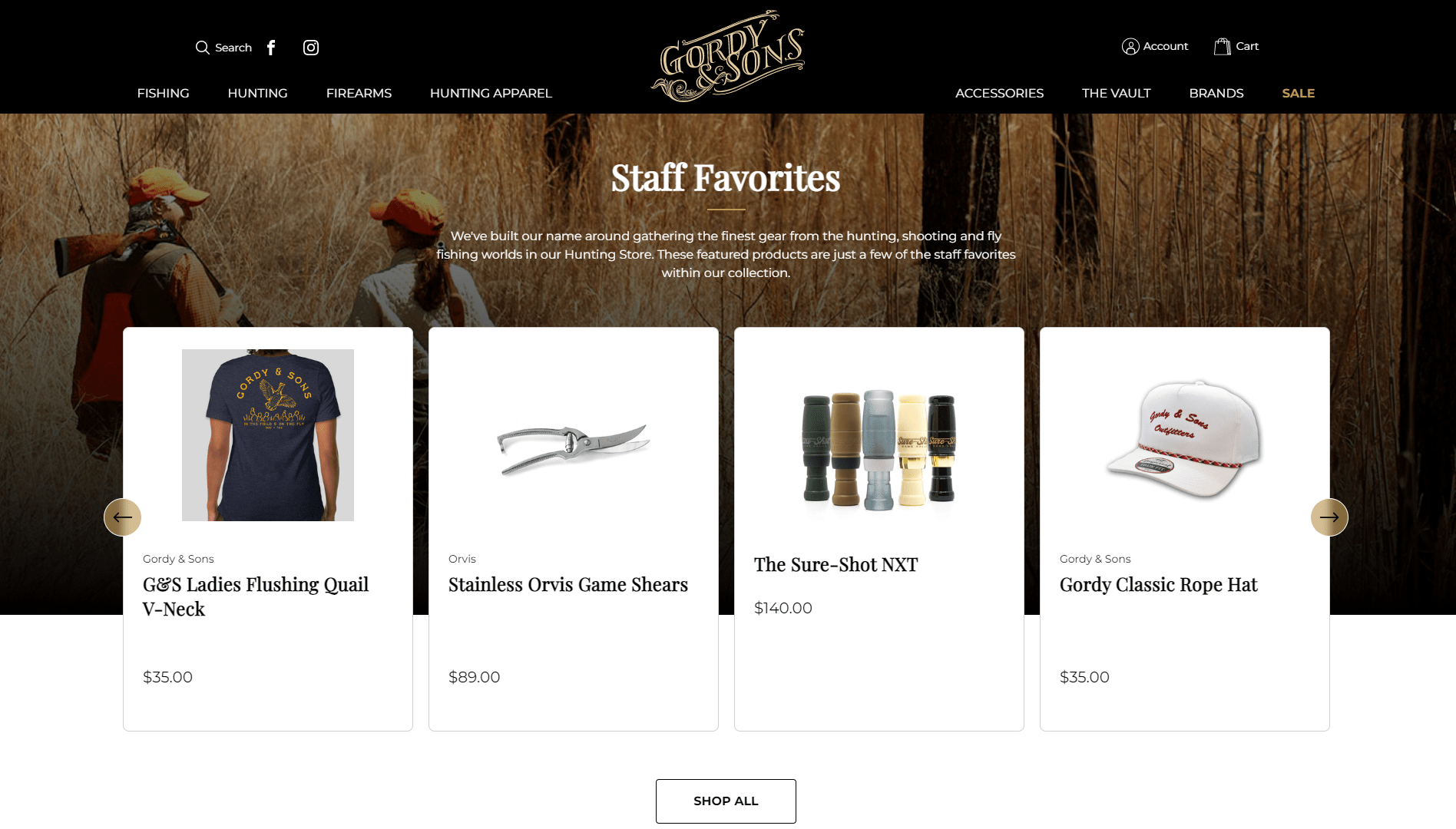 E-commerce website showcasing 'Staff Favorites' with hunting gear and apparel such as shirts, game shears, ammunition, and a hat.