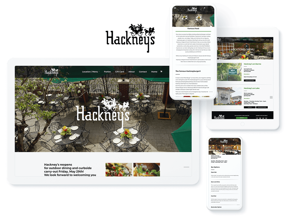 Hackney's restaurant website on desktop and mobile devices, featuring patio dining and menu options.
