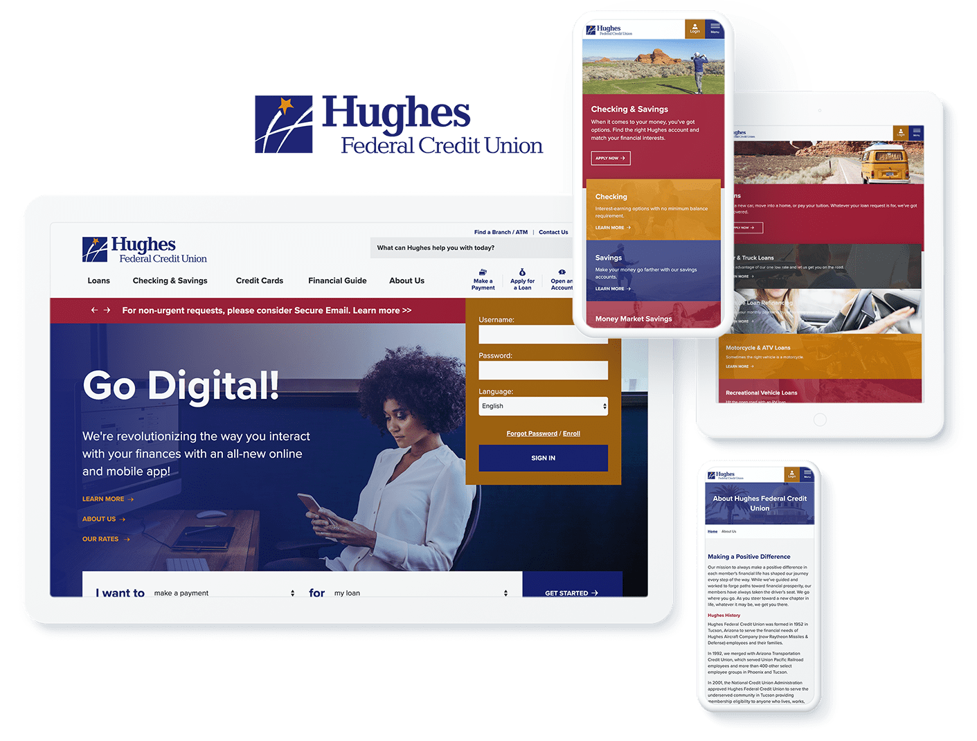 Digital banking interface of Hughes Federal Credit Union on desktop, tablet, and mobile.