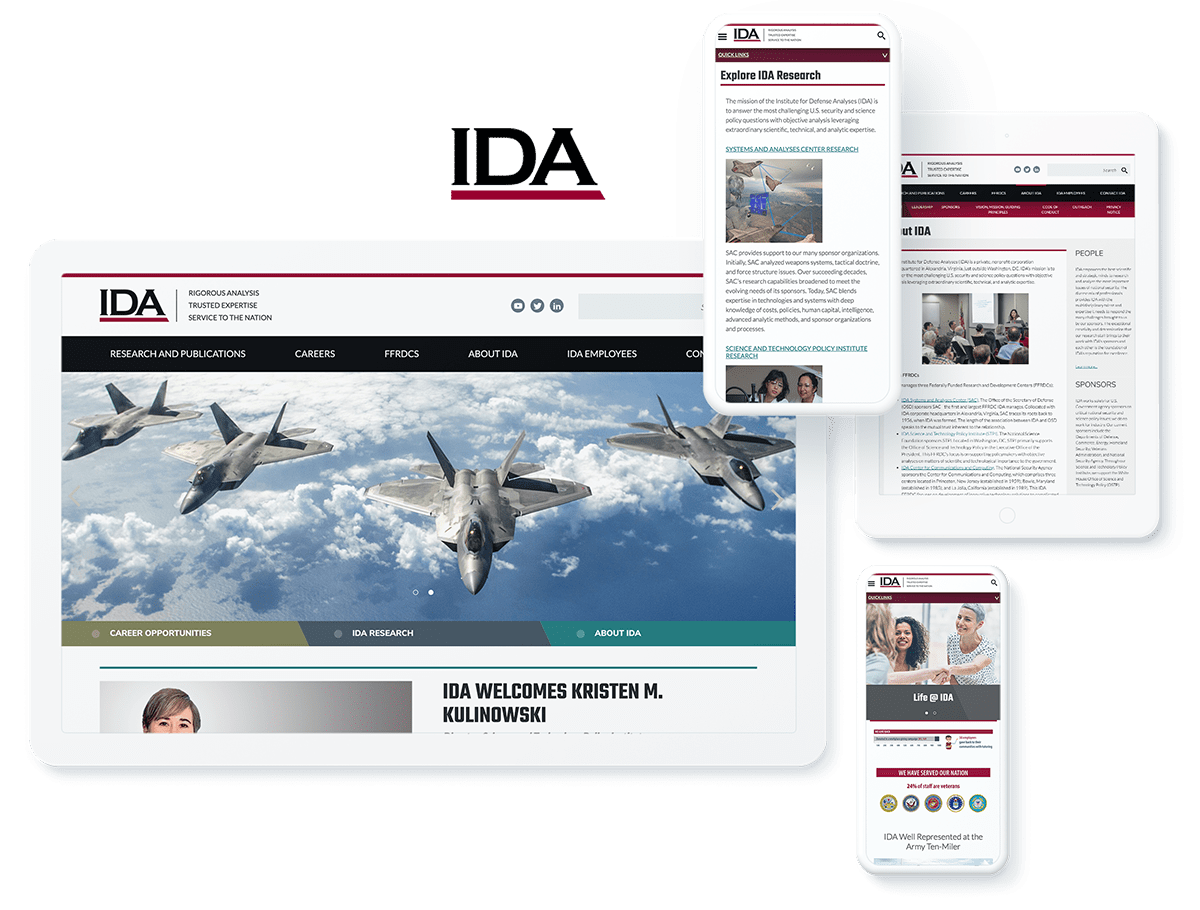 Responsive IDA website interface displayed on multiple devices, featuring military aircraft imagery and research publication links.