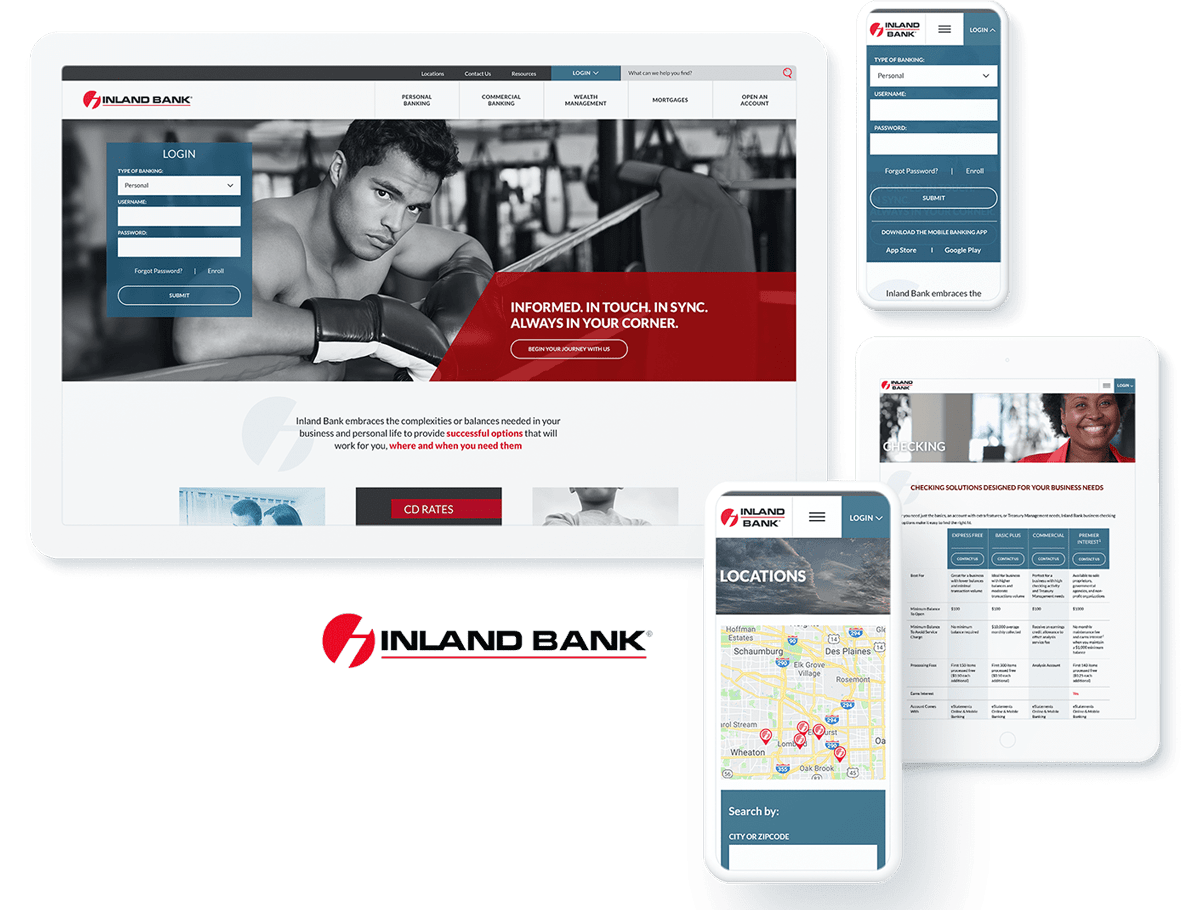 Inland Bank website interface on desktop and mobile devices, featuring login and location search.