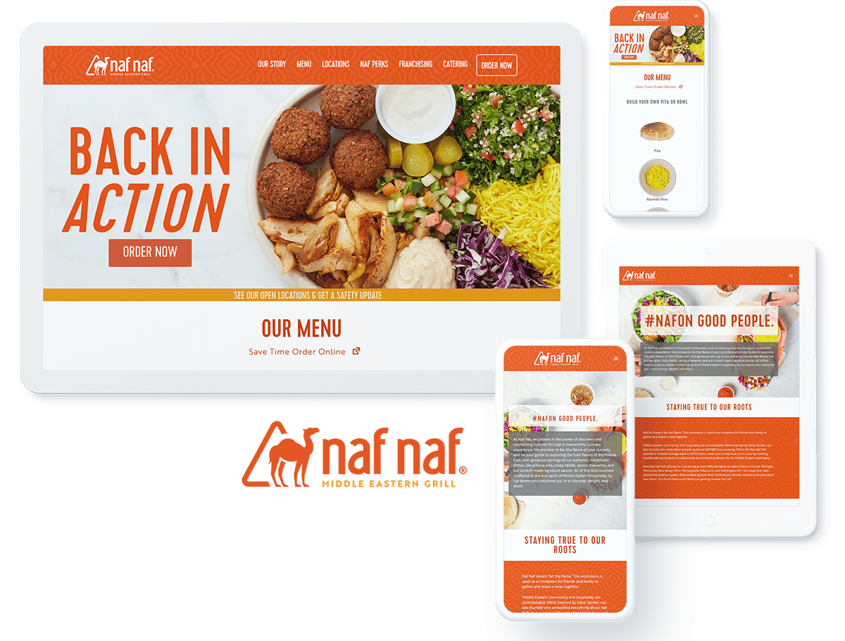 Multi-device display of Naf Naf Grill's website featuring 'Back in Action' campaign and Middle Eastern menu items.