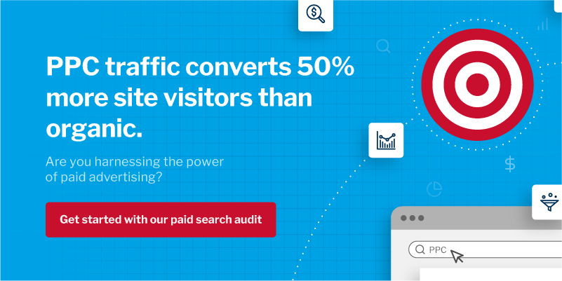 Infographic stating PPC traffic converts 50% more than organic with target and search bar visuals.