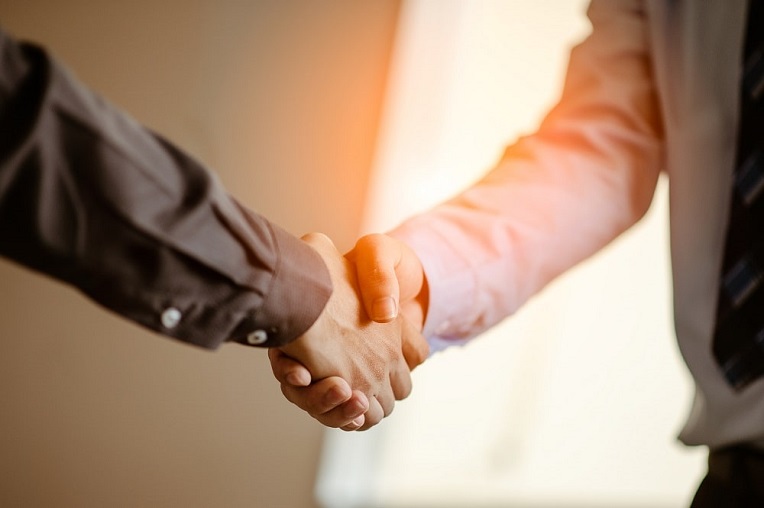 Close-up of a firm handshake in an office setting, symbolizing trust and successful business relationships.