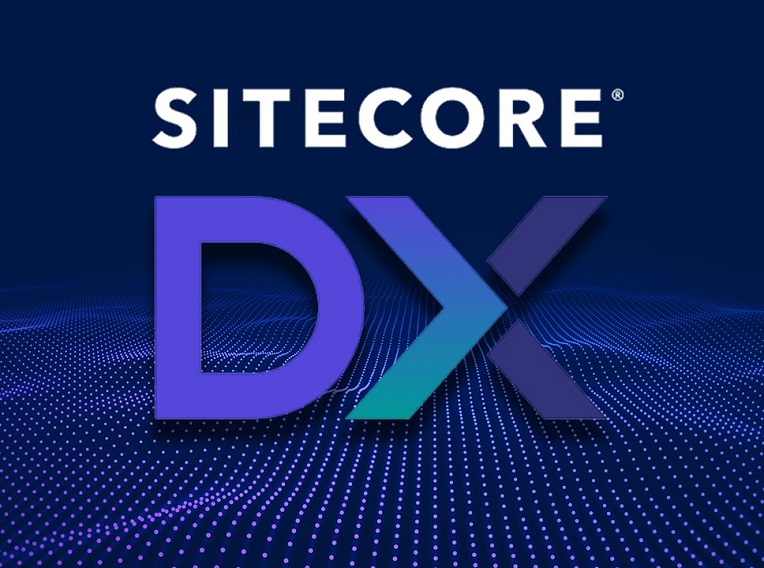 Sitecore DX logo with a dynamic digital wave pattern in the background, symbolizing innovation in digital experience.