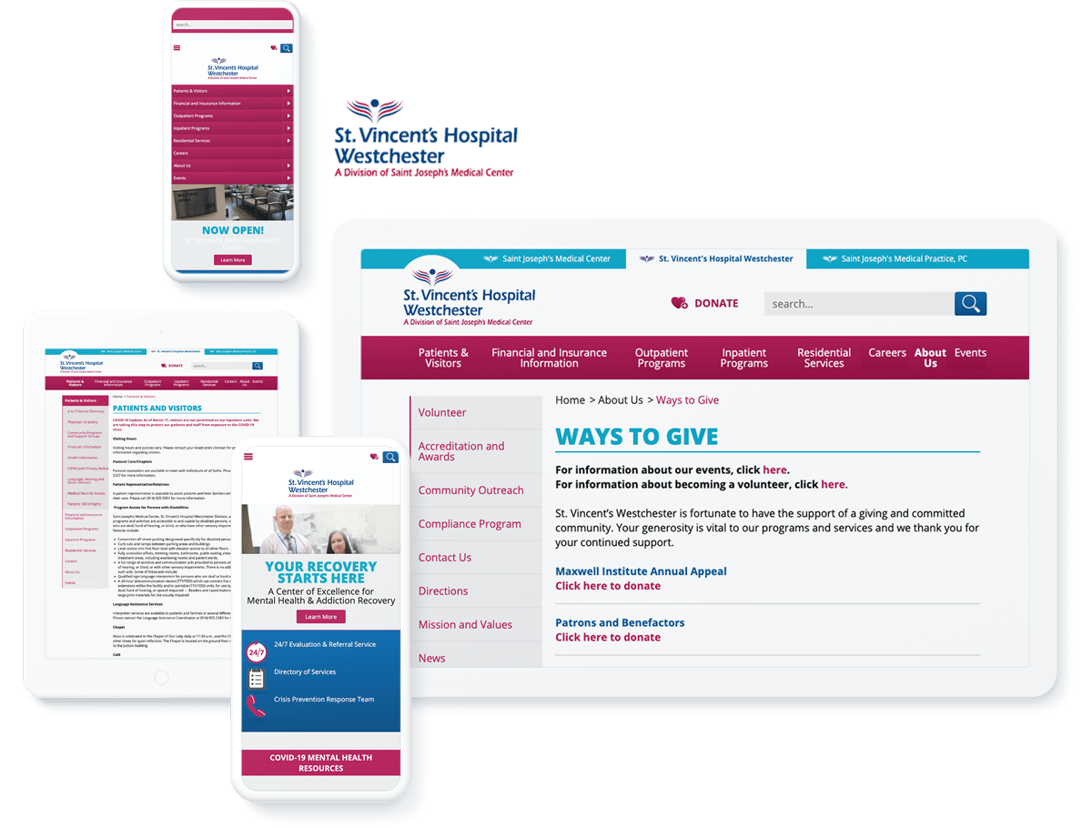 Saint Joseph's Medical Center/St. Vincent's Hospital Westchester's website on multiple devices and screen sizes 