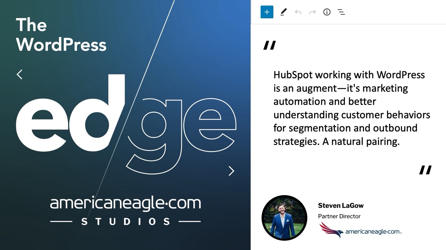 Promotional banner for 'The WordPress Edge' featuring a marketing quote by Steven LaGow from American Eagle Studios.