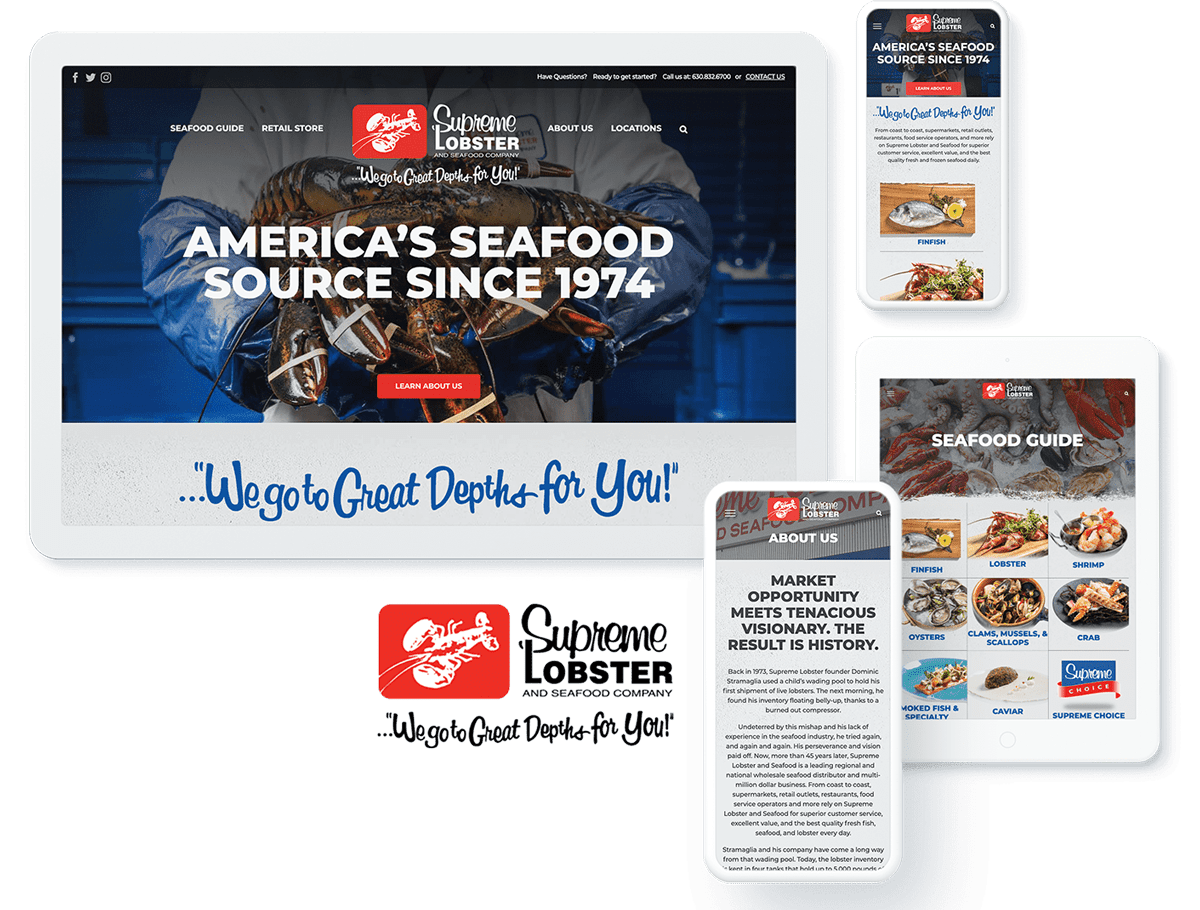 Responsive design preview of Supreme Lobster website on desktop, tablet, and mobile showcasing seafood options and company logo.