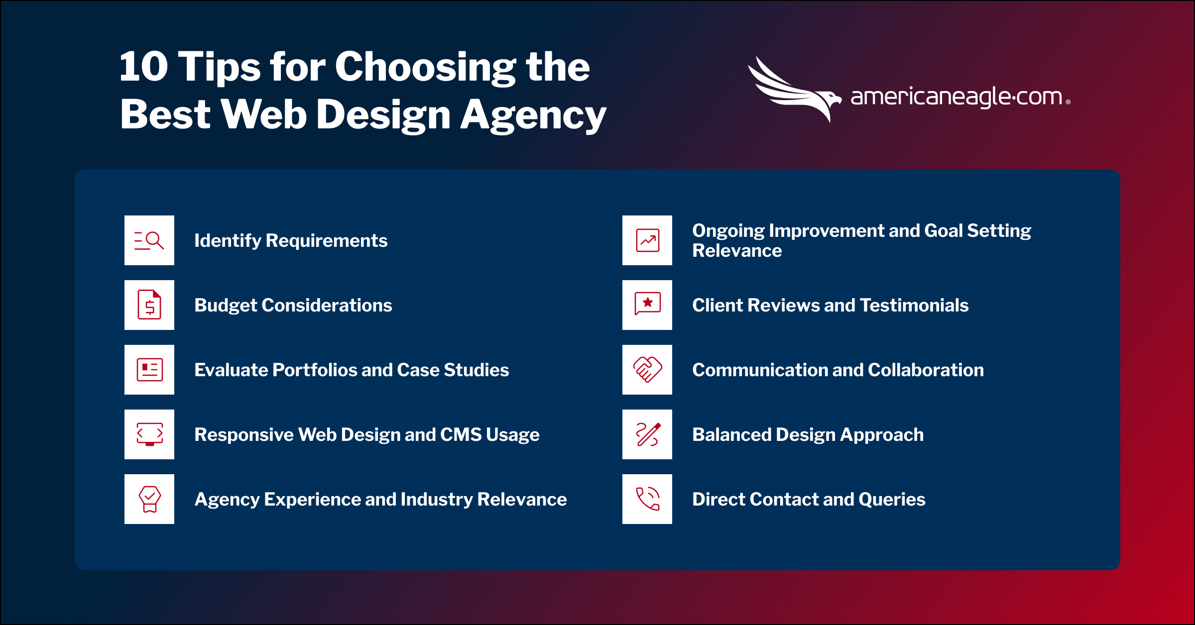 Infographic listing top 10 tips for selecting the best web design agency, including budget and portfolio considerations.
