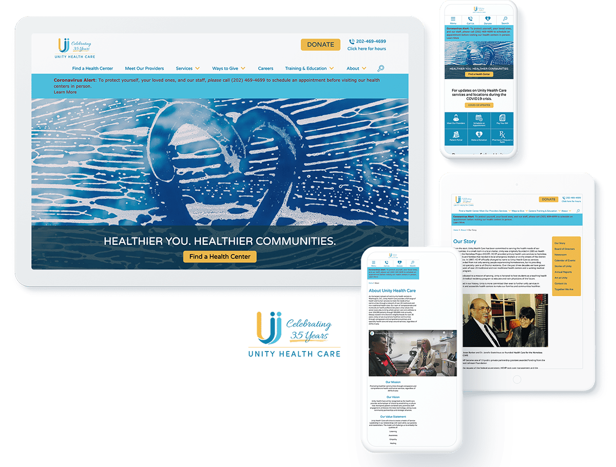 Unity Health Care's website design across different device screens and sizes