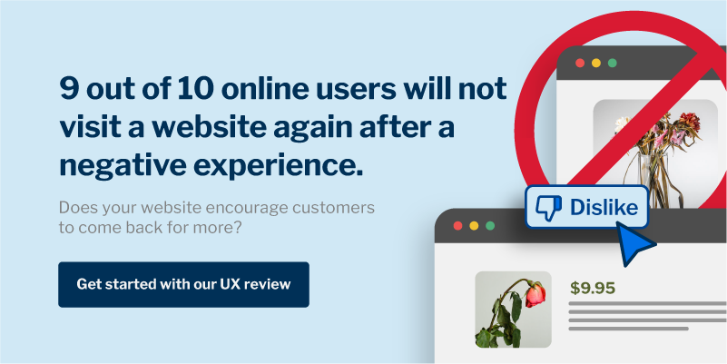 Advertisement highlighting the importance of user experience, stating 9 out of 10 users won’t return after a bad website experience, with a 'Dislike' icon and a call to action for a UX review