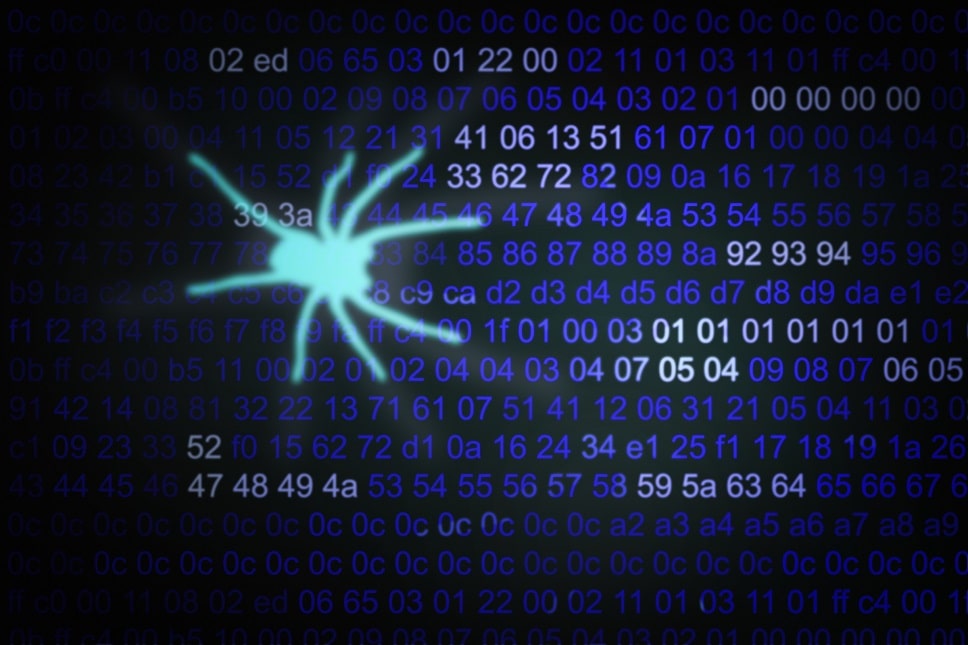 Image with black background and combinations of blue letters and numbers with a large spider across the screen, depicting a Googlebot crawler