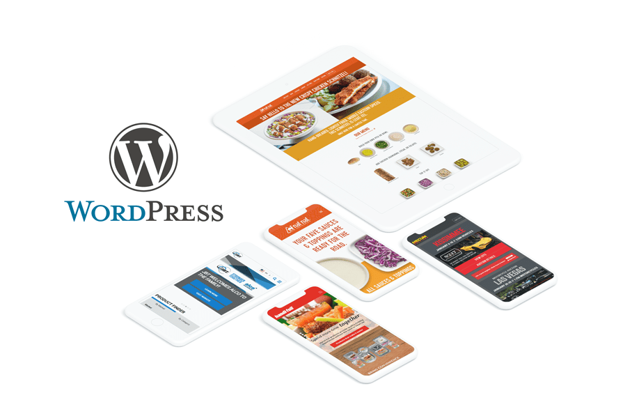 WordPress logo with a display of responsive web design on a tablet and mobile devices for a food-related website.