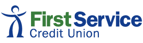 Logo of First Service Credit Union with stylized human figure and text.