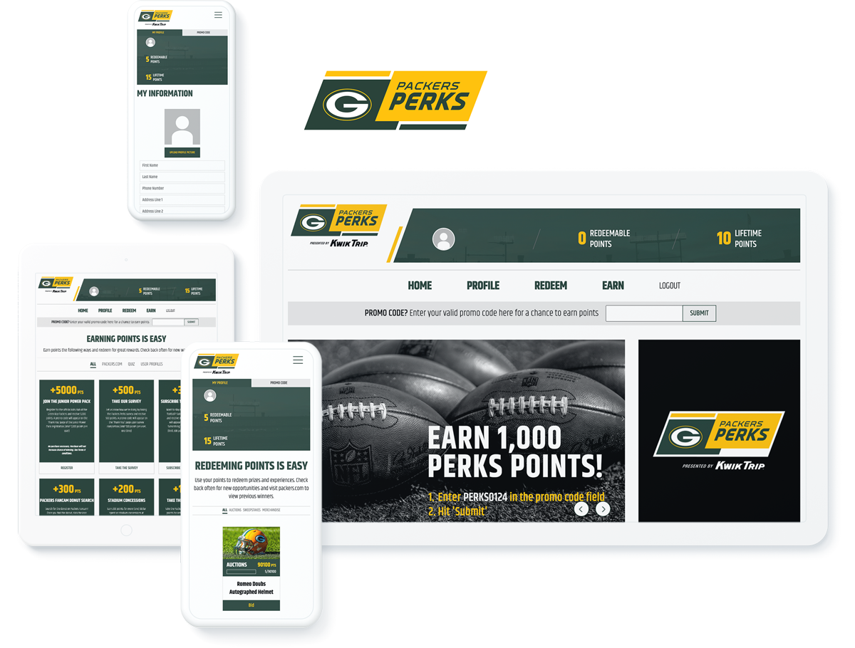 Multiple devices displaying the Green Bay Packers Perks program interface for earning and redeeming fan rewards.