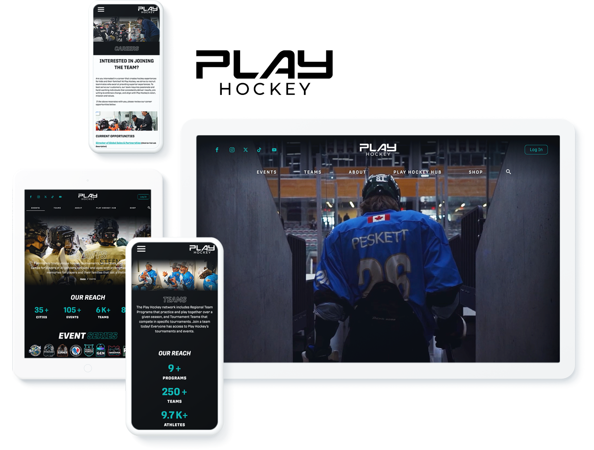 Display of PlayHockey website on various digital devices with a background image of a player looking onto the rink.