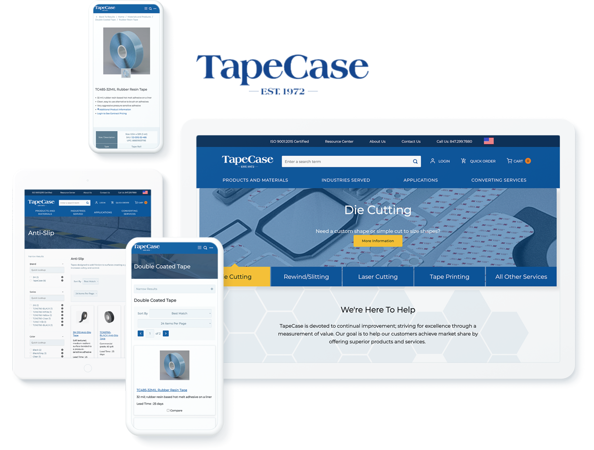 Multiple devices displaying TapeCase website pages with search and product features.